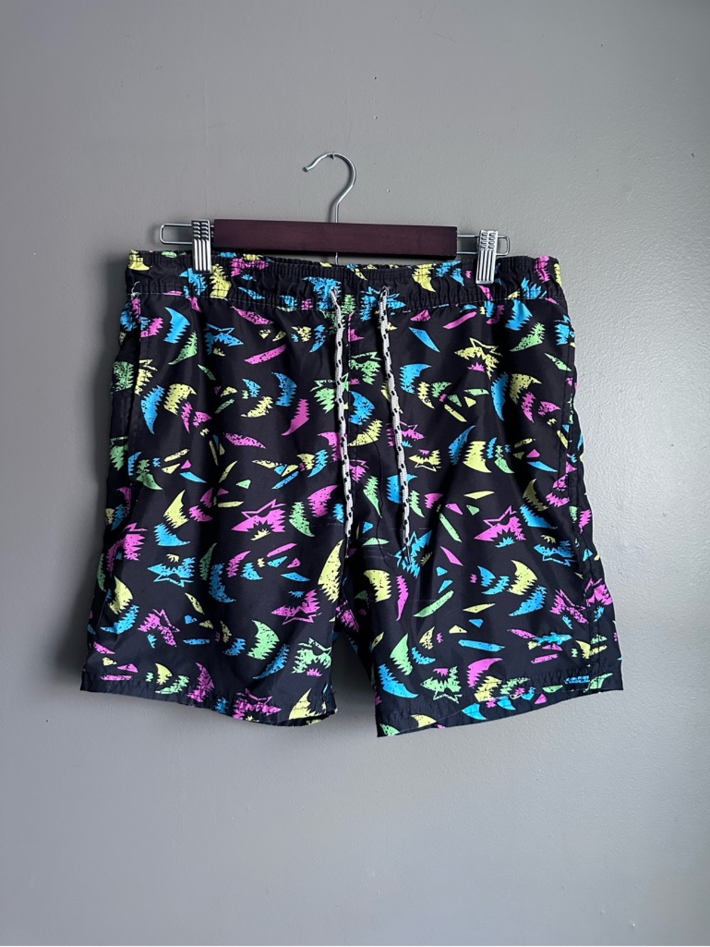 Maui and Sons Black Swim Trunks with Neon Blue, Pink, Yellow & Green Print